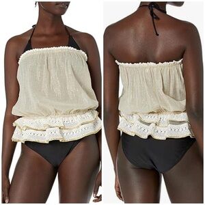 Ramy Brook Tilda strapless tube top cover gold lurex and crochet hem, XS, NWT